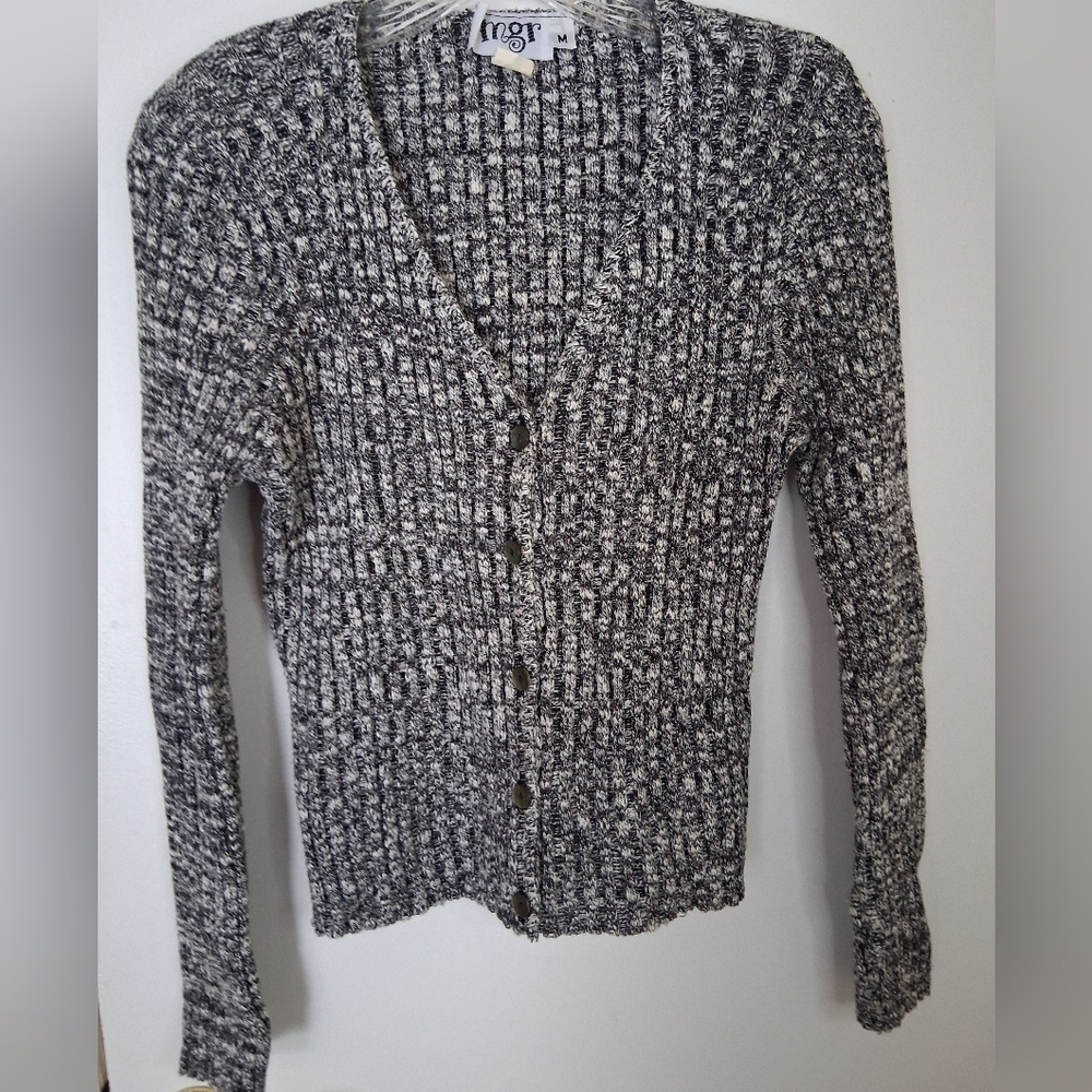 Mgr Chic Black and White Button-Up V-Neck Cardigan